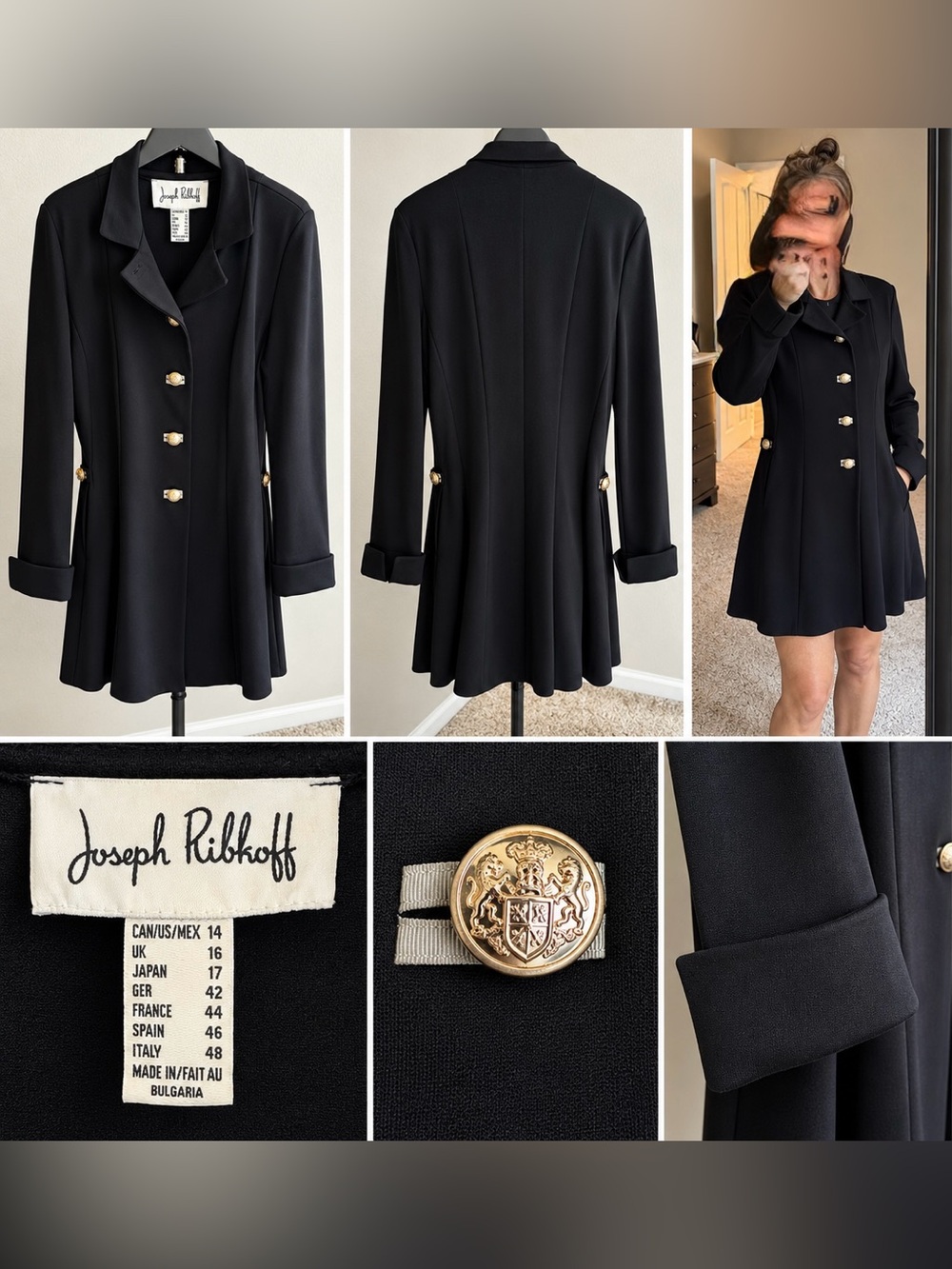 Joseph Ribkoff Black Tailored Flare Jacket with Gold Crest Buttons